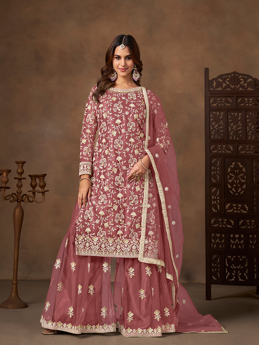 Monjolika Fashion Net Embroidered Onion Pink Salwar Kameez | Grocsy