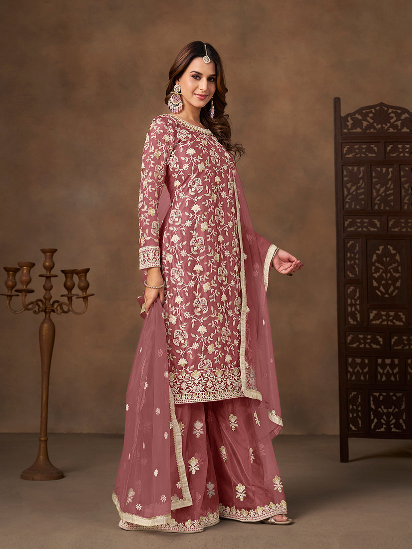 Monjolika Fashion Net Embroidered Onion Pink Salwar Kameez | Grocsy