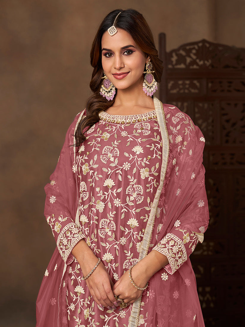 Monjolika Fashion Net Embroidered Onion Pink Salwar Kameez | Grocsy
