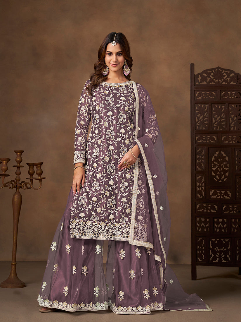 Monjolika Fashion Net Embroidered Lilac Salwar Kameez | Grocsy