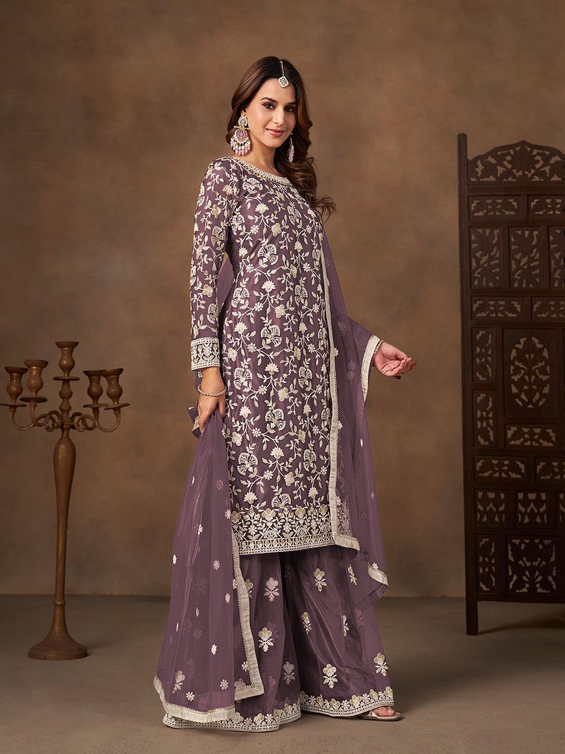 Monjolika Fashion Net Embroidered Lilac Salwar Kameez | Grocsy