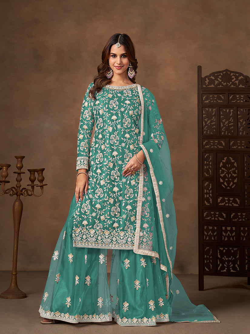 Monjolika Fashion Net Embroidered Turquoise Salwar Kameez | Grocsy