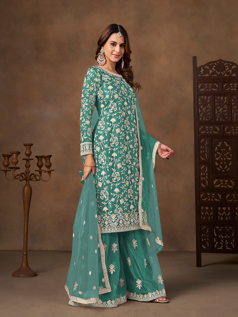 Monjolika Fashion Net Embroidered Turquoise Salwar Kameez | Grocsy