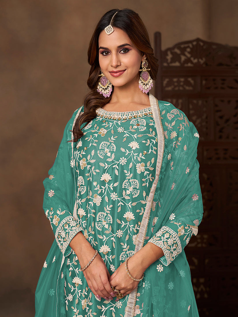 Monjolika Fashion Net Embroidered Turquoise Salwar Kameez | Grocsy