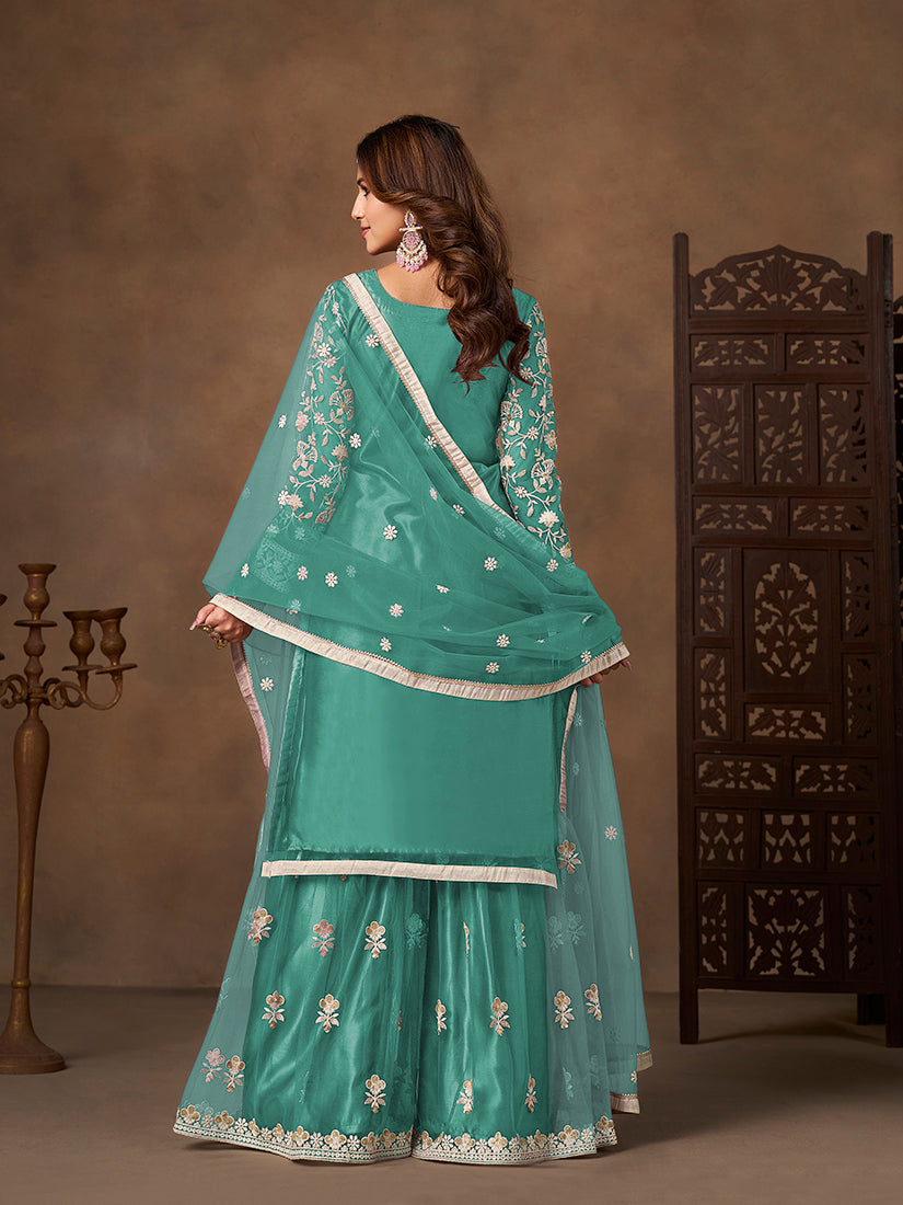 Monjolika Fashion Net Embroidered Turquoise Salwar Kameez | Grocsy