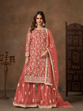 Monjolika Fashion Net Embroidered Coral Salwar Kameez | Grocsy
