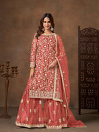 Monjolika Fashion Net Embroidered Coral Salwar Kameez | Grocsy