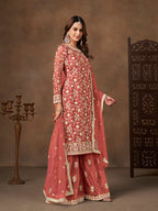 Monjolika Fashion Net Embroidered Coral Salwar Kameez | Grocsy