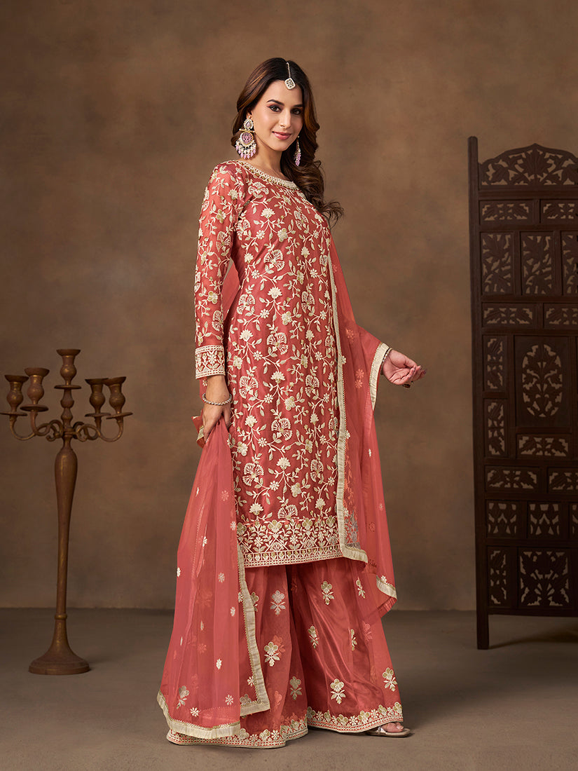 Monjolika Fashion Net Embroidered Coral Salwar Kameez | Grocsy