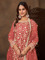 Monjolika Fashion Net Embroidered Coral Salwar Kameez | Grocsy