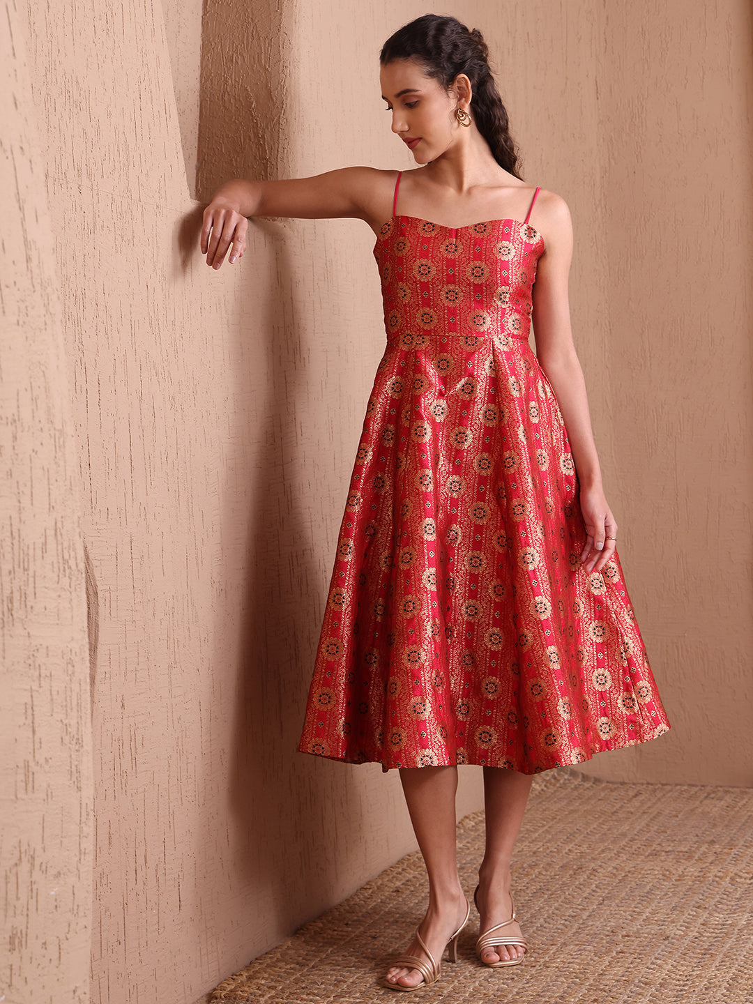 Monjolika Fashion Women's Red Banarasi Brocade Festive Fit & Flare Midi Dress with Zari Weaving Work | Grocsy