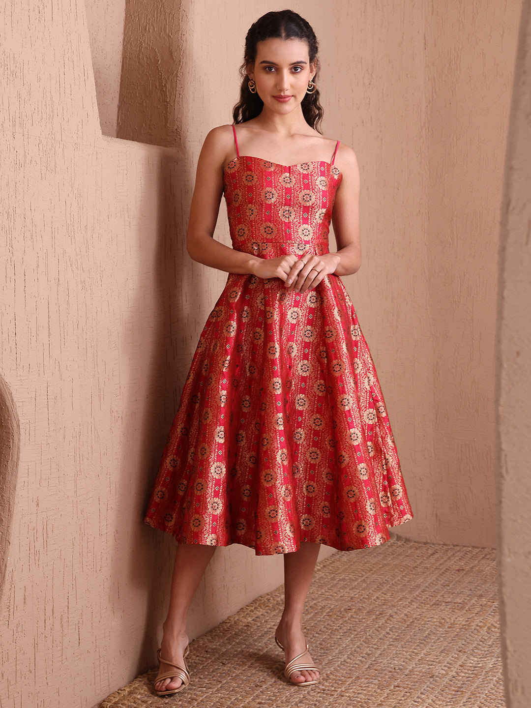 Monjolika Fashion Women's Red Banarasi Brocade Festive Fit & Flare Midi Dress with Zari Weaving Work | Grocsy