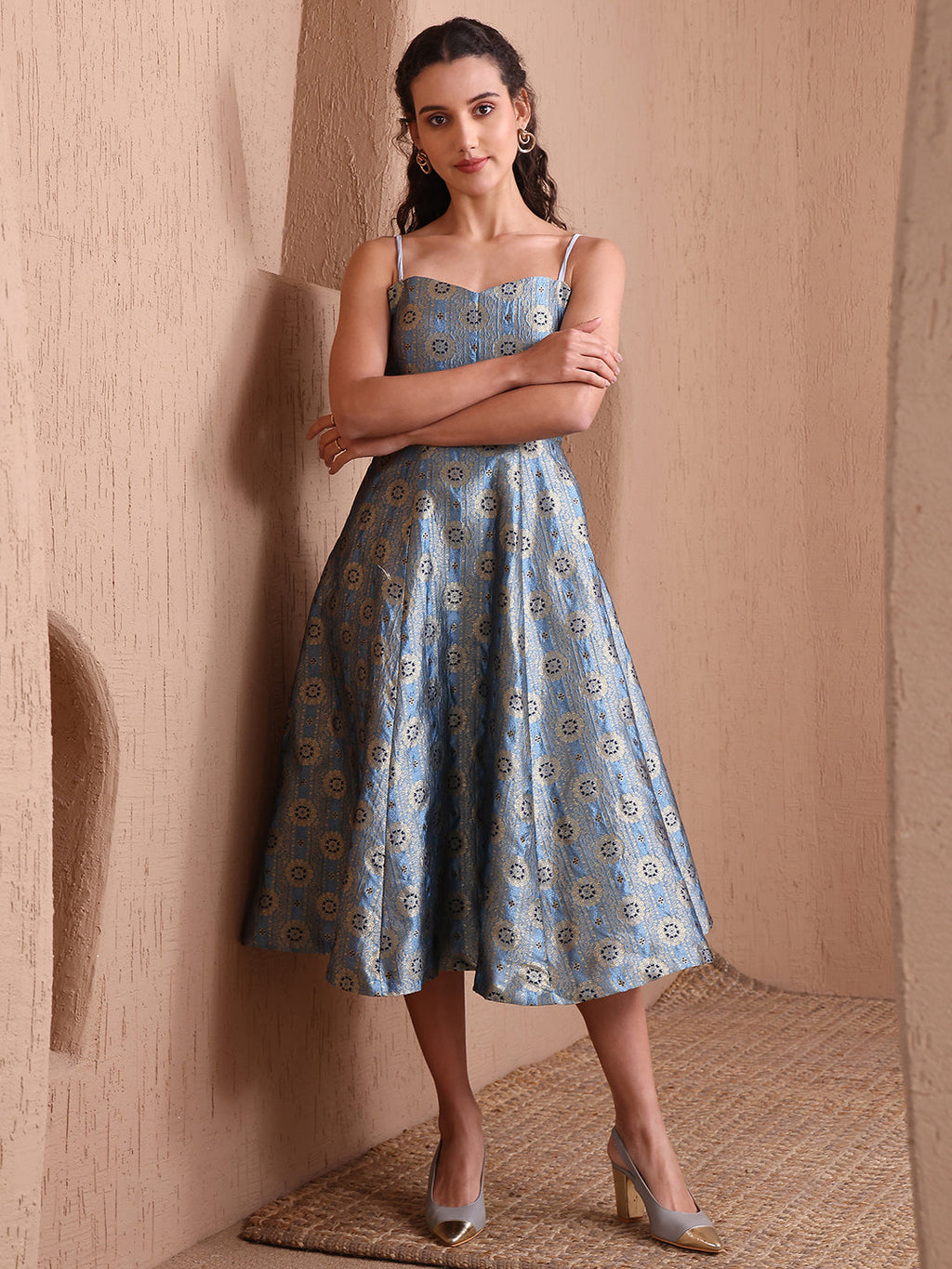 Monjolika Fashion Women's Sky Blue Banarasi Brocade Festive Fit & Flare Midi Dress with Zari Weaving Work | Grocsy