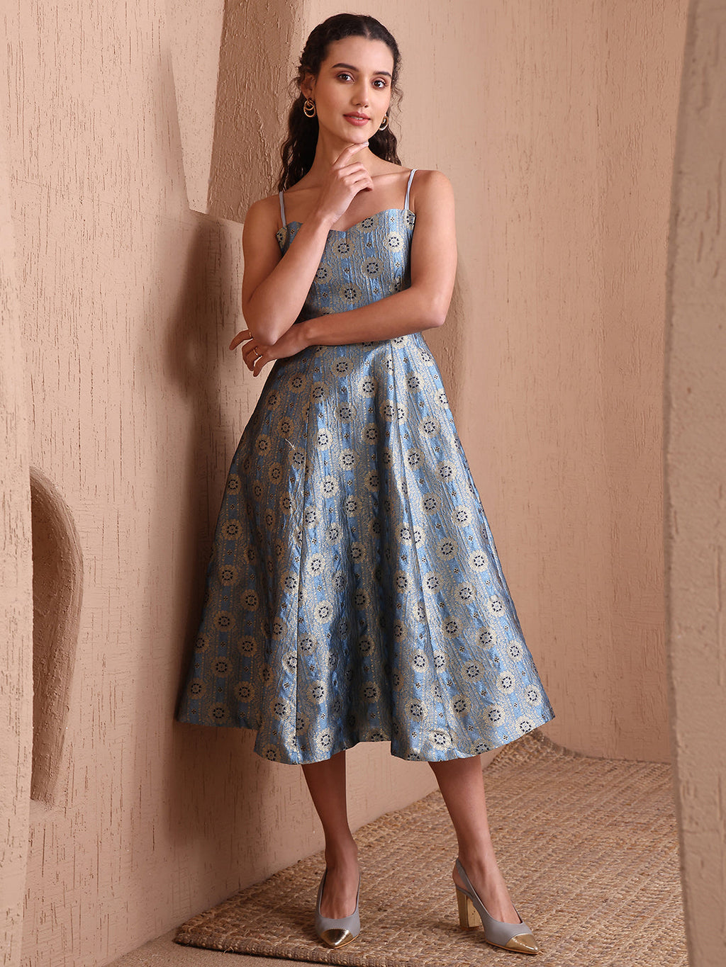 Monjolika Fashion Women's Sky Blue Banarasi Brocade Festive Fit & Flare Midi Dress with Zari Weaving Work | Grocsy