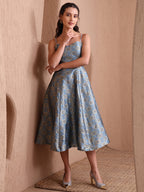 Monjolika Fashion Women's Sky Blue Banarasi Brocade Festive Fit & Flare Midi Dress with Zari Weaving Work | Grocsy