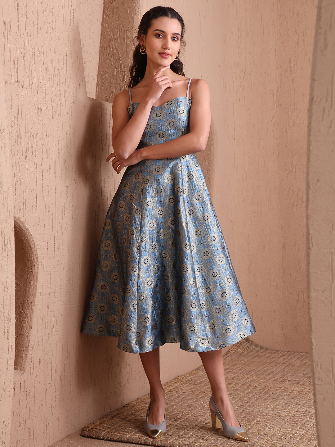 Monjolika Fashion Women's Sky Blue Banarasi Brocade Festive Fit & Flare Midi Dress with Zari Weaving Work | Grocsy