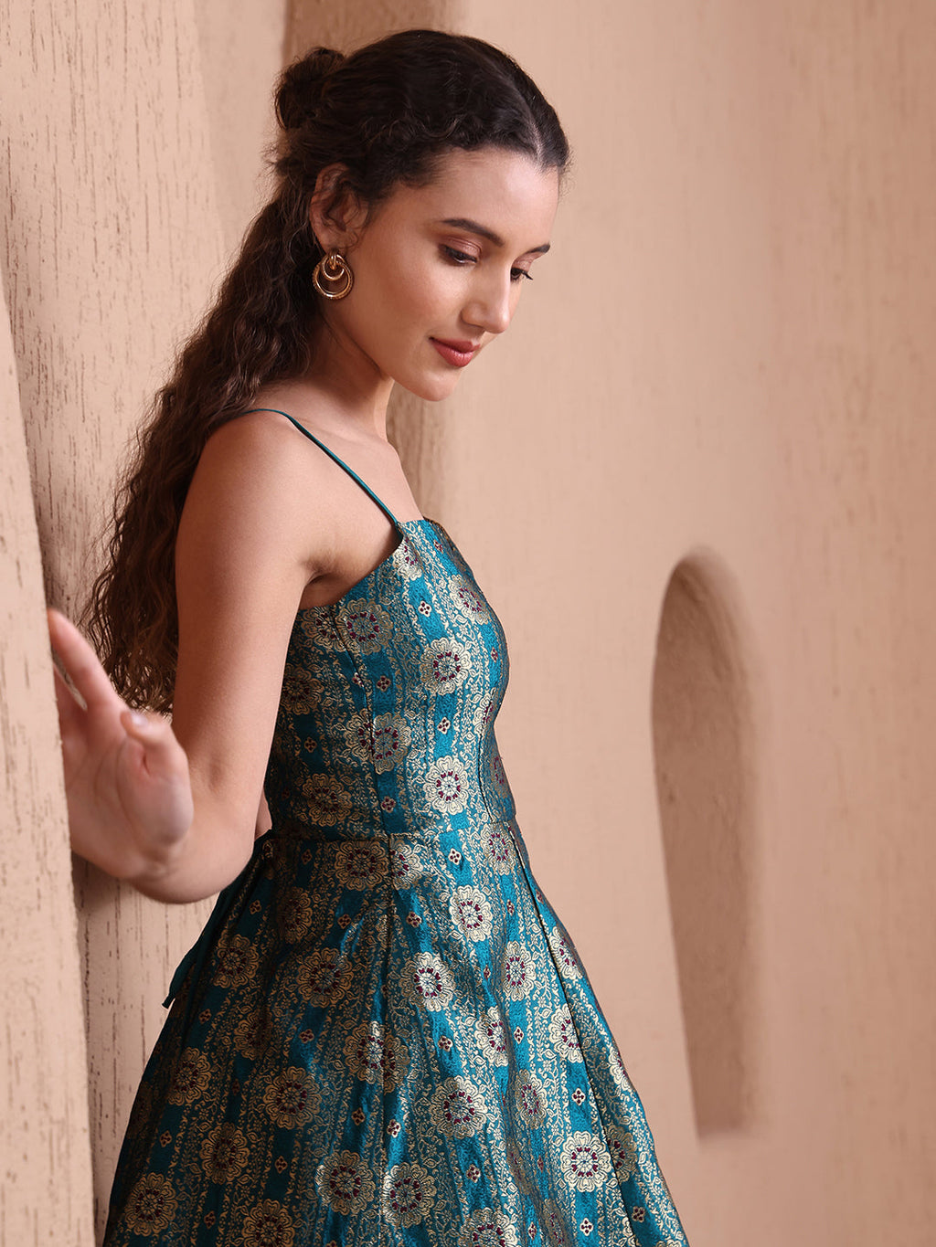 Monjolika Fashion Women's Rama Green Banarasi Brocade Festive Fit & Flare Midi Dress with Zari Weaving Work | Grocsy