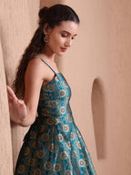 Monjolika Fashion Women's Rama Green Banarasi Brocade Festive Fit & Flare Midi Dress with Zari Weaving Work | Grocsy