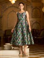Monjolika Fashion Green Jacquard Woven Floral Fit & Flare Midi Dress | Grocsy