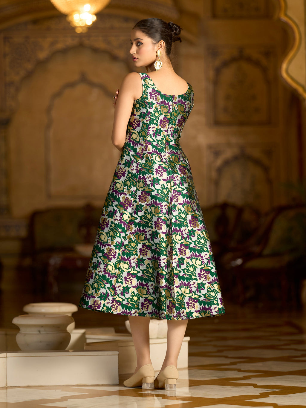 Monjolika Fashion Green Jacquard Woven Floral Fit & Flare Midi Dress | Grocsy