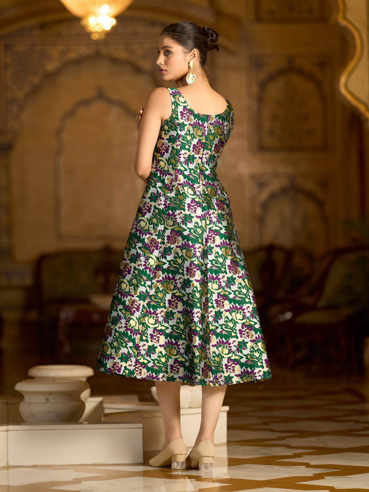 Monjolika Fashion Green Jacquard Woven Floral Fit & Flare Midi Dress | Grocsy