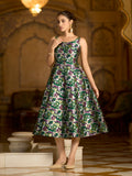 Monjolika Fashion Green Jacquard Woven Floral Fit & Flare Midi Dress | Grocsy