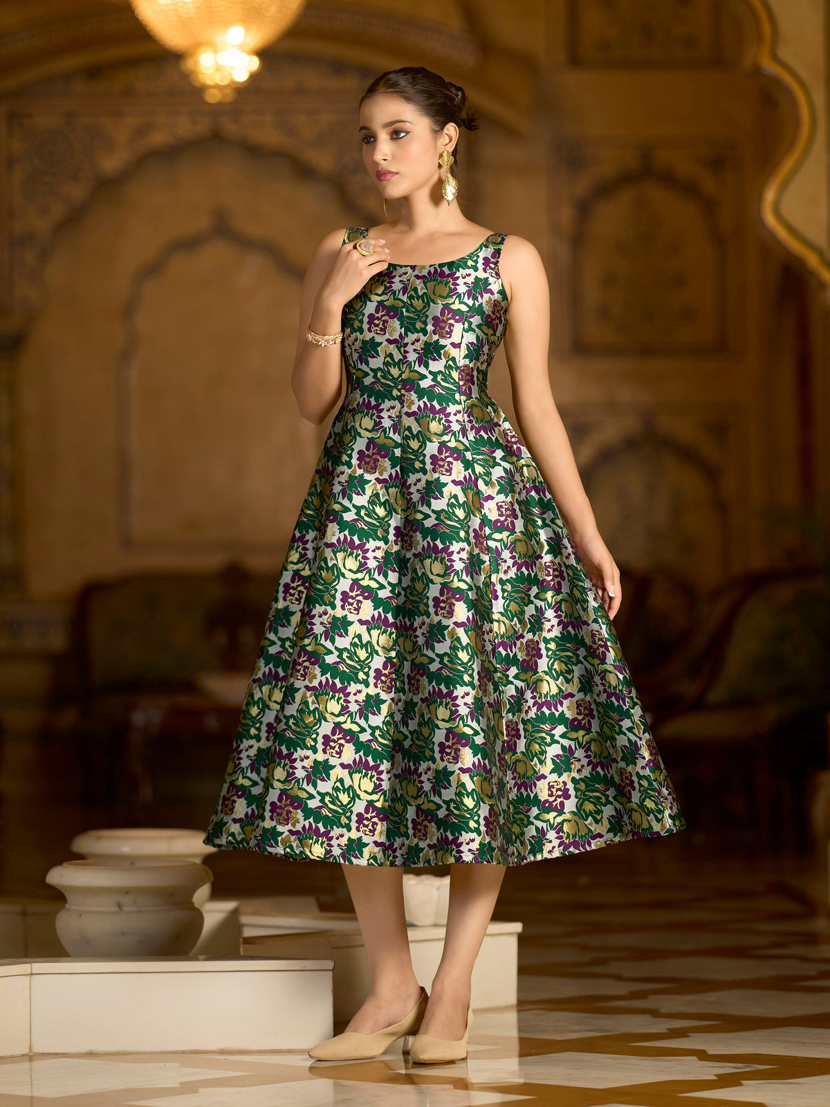 Monjolika Fashion Green Jacquard Woven Floral Fit & Flare Midi Dress | Grocsy