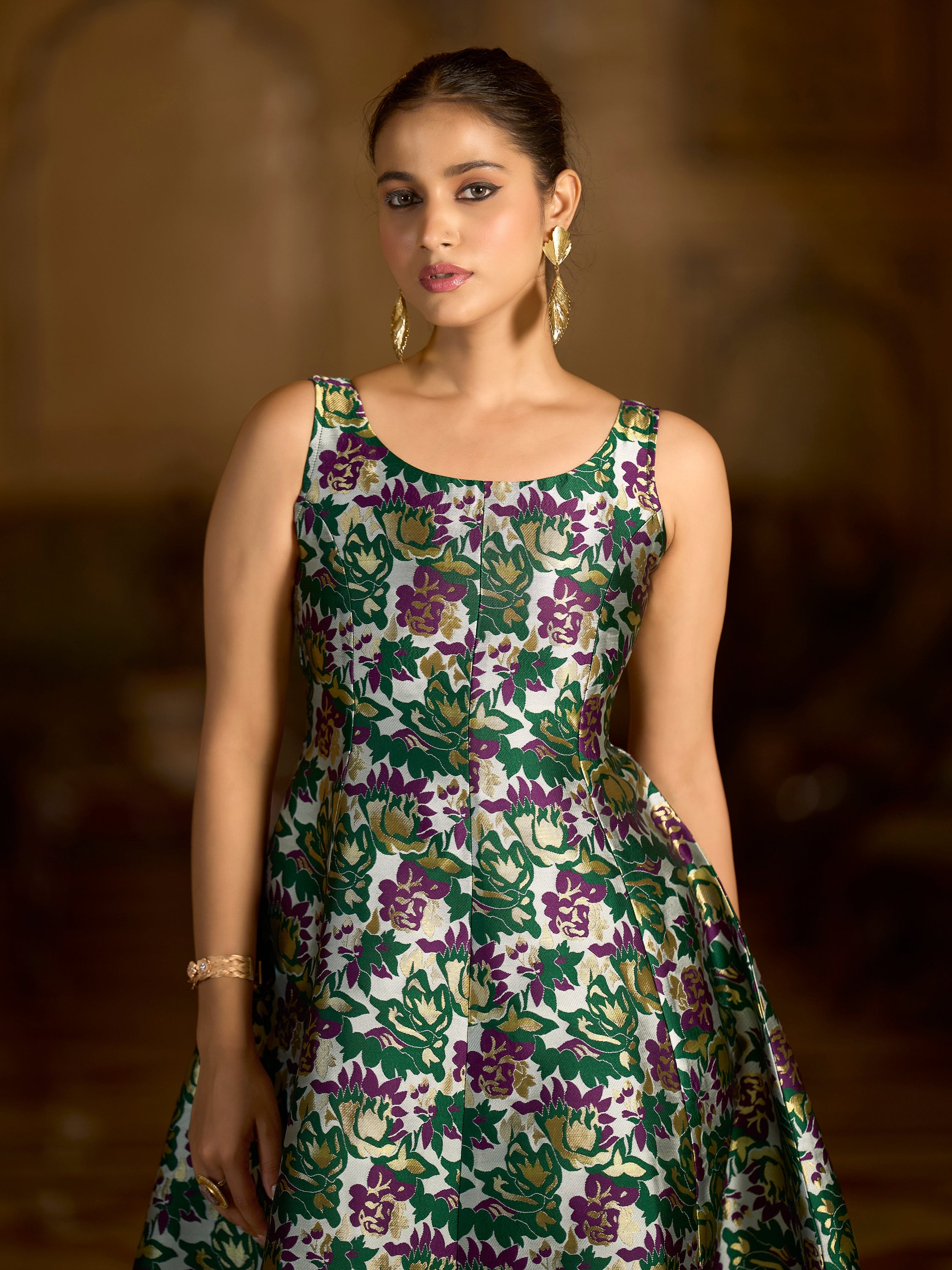 Monjolika Fashion Green Jacquard Woven Floral Fit & Flare Midi Dress | Grocsy