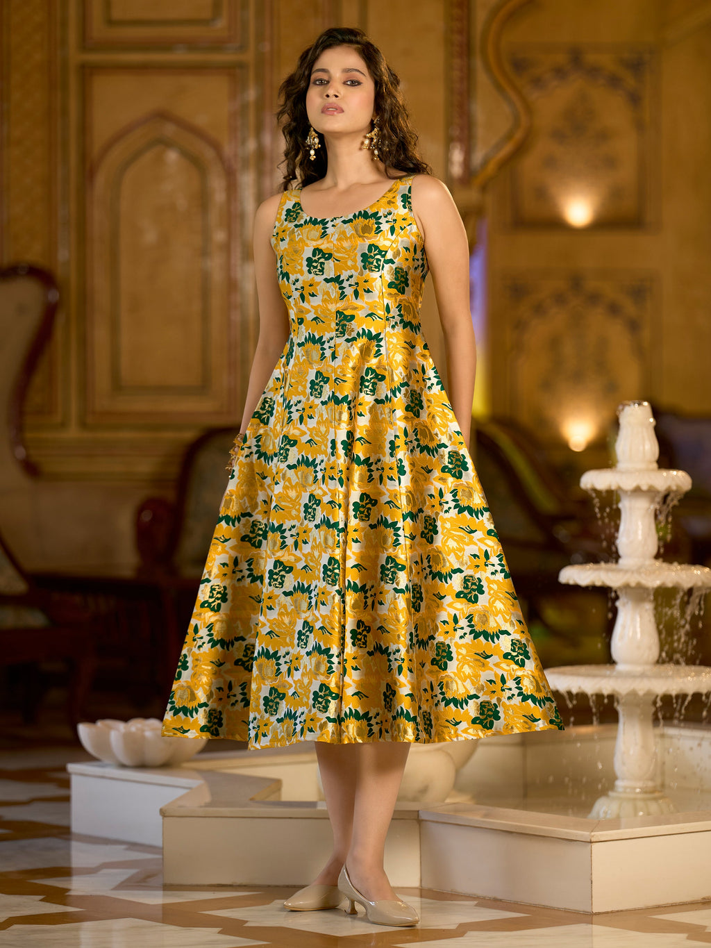 Monjolika Fashion Yellow Jacquard Woven Floral Fit & Flare Midi Dress | Grocsy