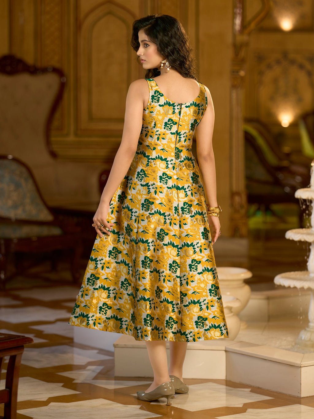 Monjolika Fashion Yellow Jacquard Woven Floral Fit & Flare Midi Dress | Grocsy