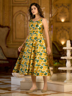 Monjolika Fashion Yellow Jacquard Woven Floral Fit & Flare Midi Dress | Grocsy