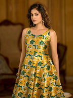 Monjolika Fashion Yellow Jacquard Woven Floral Fit & Flare Midi Dress | Grocsy