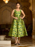 Monjolika Fashion Parrot Green Jacquard Woven Floral Fit & Flare Midi Dress | Grocsy