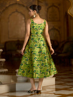 Monjolika Fashion Parrot Green Jacquard Woven Floral Fit & Flare Midi Dress | Grocsy