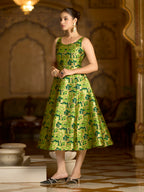 Monjolika Fashion Parrot Green Jacquard Woven Floral Fit & Flare Midi Dress | Grocsy