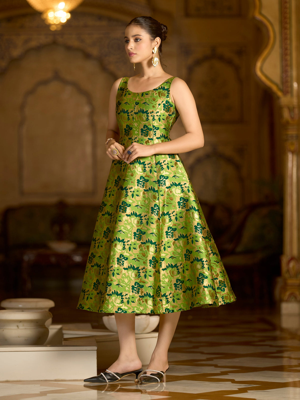 Monjolika Fashion Parrot Green Jacquard Woven Floral Fit & Flare Midi Dress | Grocsy