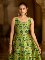 Monjolika Fashion Parrot Green Jacquard Woven Floral Fit & Flare Midi Dress | Grocsy