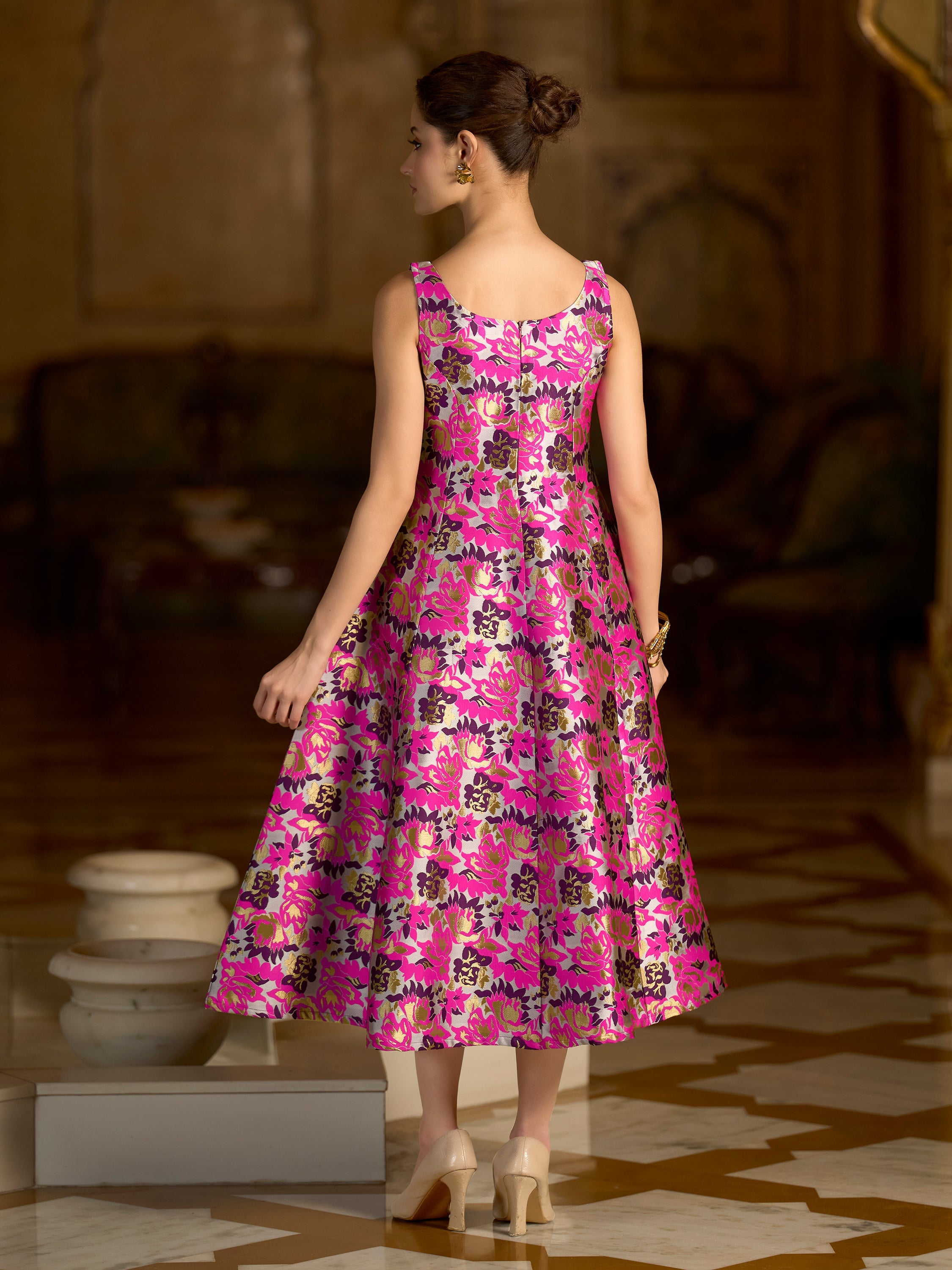 Monjolika Fashion Pink Jacquard Woven Floral Fit & Flare Midi Dress | Grocsy