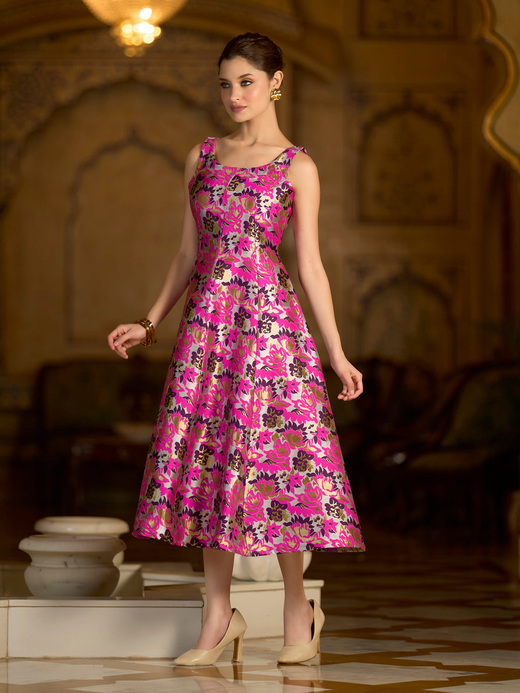 Monjolika Fashion Pink Jacquard Woven Floral Fit & Flare Midi Dress | Grocsy