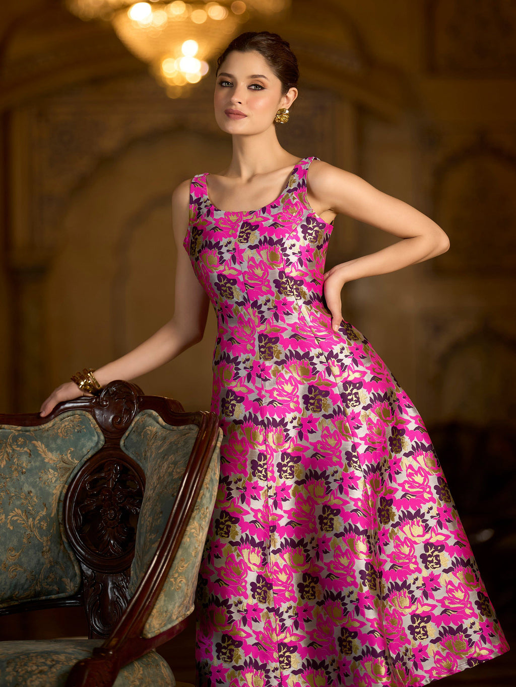 Monjolika Fashion Pink Jacquard Woven Floral Fit & Flare Midi Dress | Grocsy