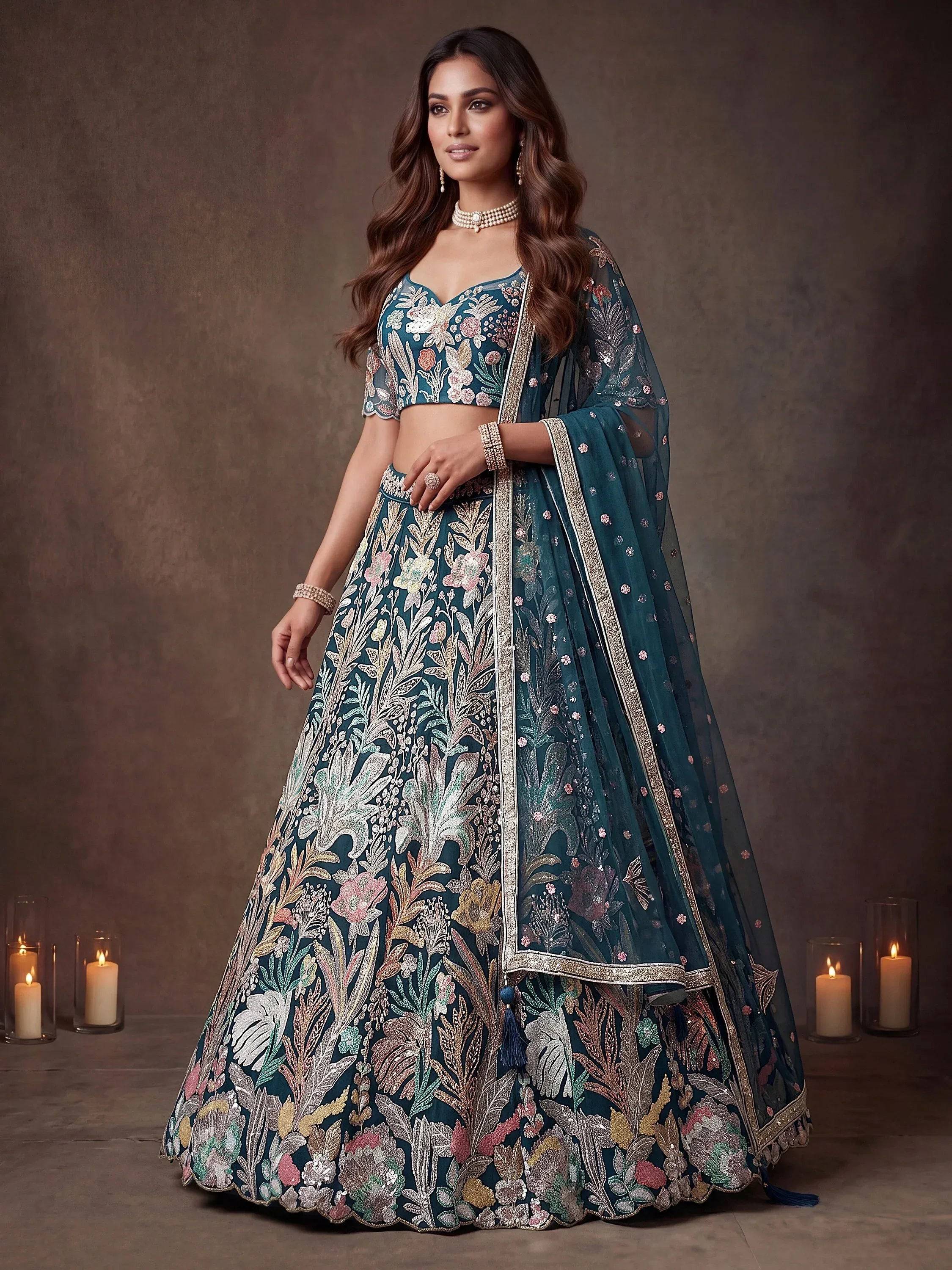 Tulsi Art Attractive Blue Sequins Net Engagement Wear Lehenga Choli With Dupatta | Grocsy
