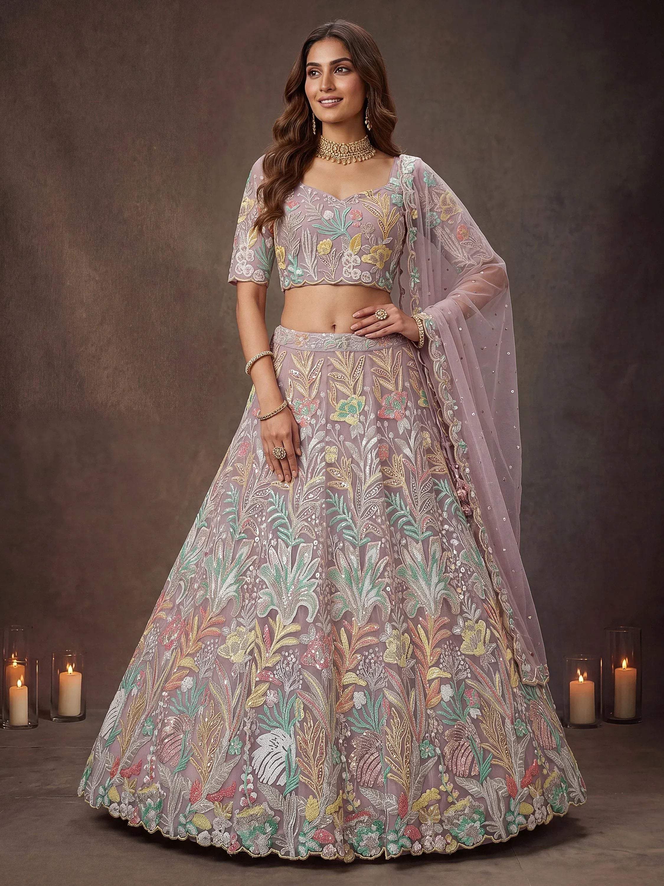 Tulsi Art Dazzling Lavender Sequins Net Wedding Wear Lehenga Choli | Grocsy