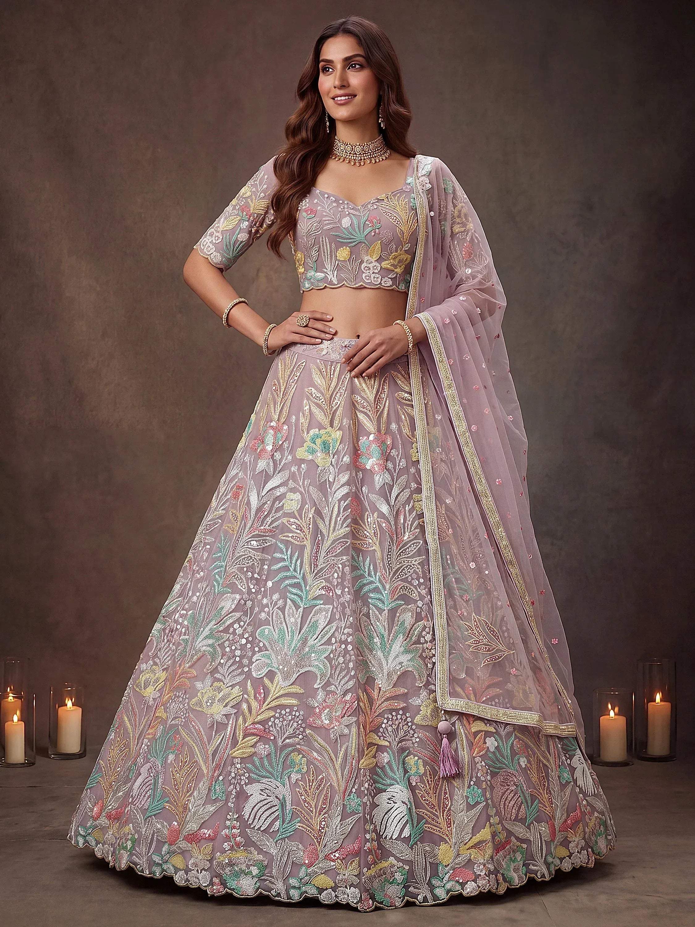 Tulsi Art Dazzling Lavender Sequins Net Wedding Wear Lehenga Choli | Grocsy