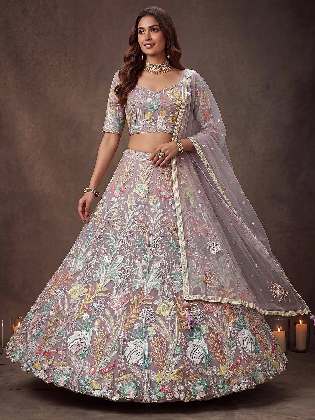 Tulsi Art Dazzling Lavender Sequins Net Wedding Wear Lehenga Choli | Grocsy