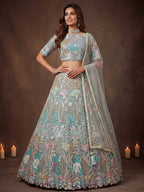 Tulsi Art Sparkling Pista Green Embroidered Net Marriage Wear Lehenga Choli | Grocsy