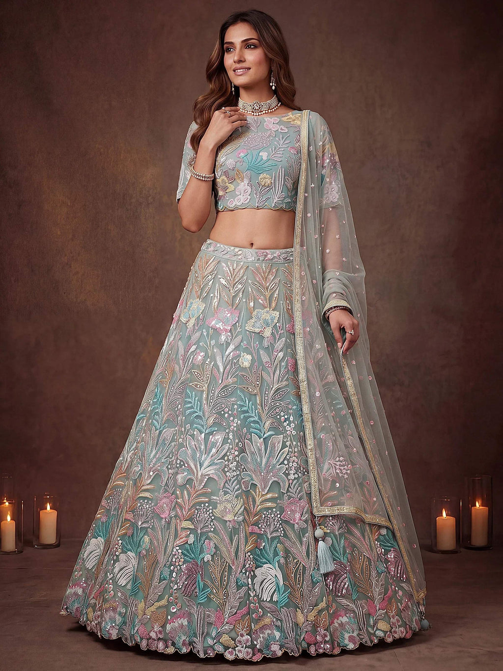 Tulsi Art Sparkling Pista Green Embroidered Net Marriage Wear Lehenga Choli | Grocsy