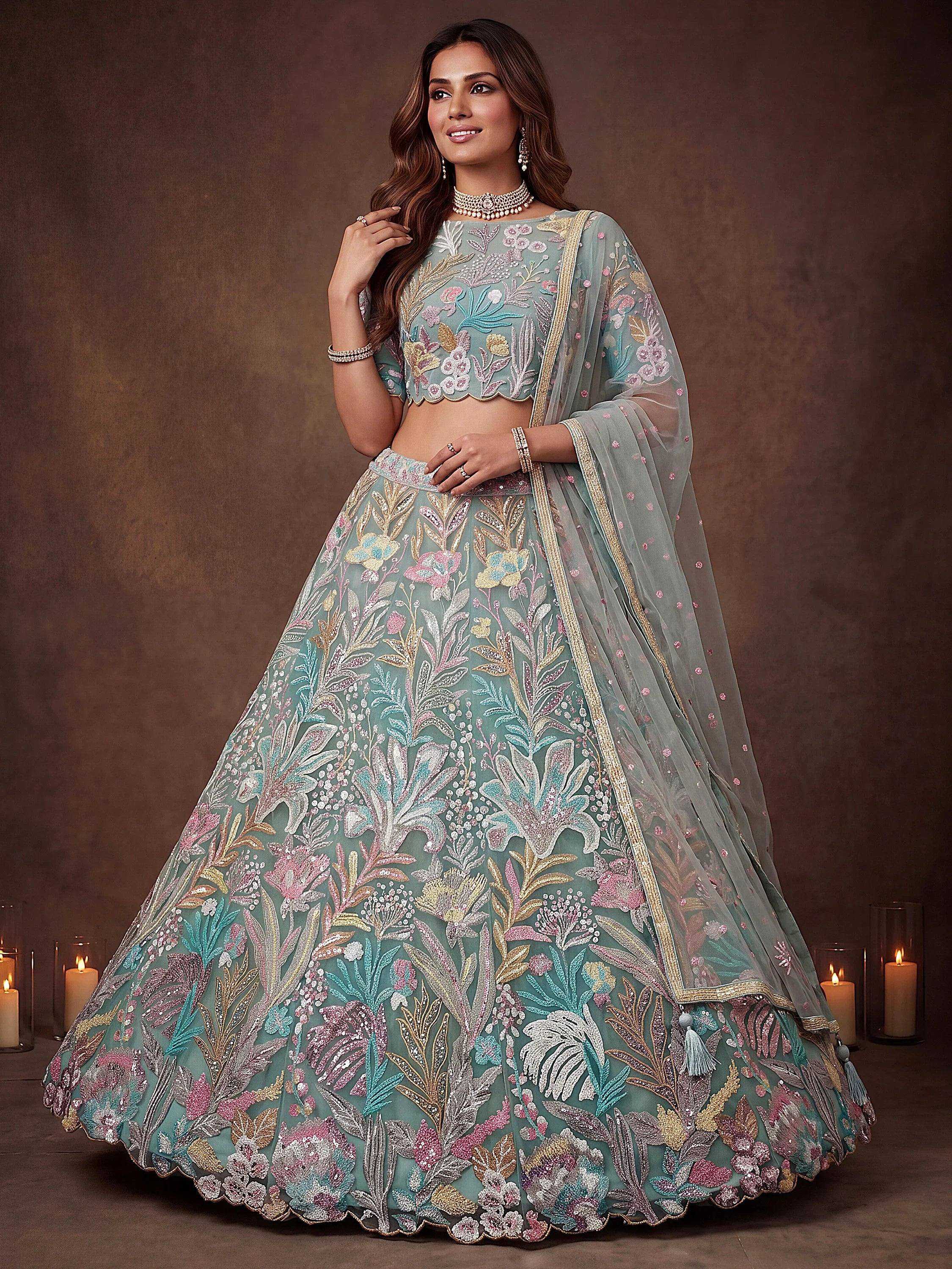 Tulsi Art Sparkling Pista Green Embroidered Net Marriage Wear Lehenga Choli | Grocsy