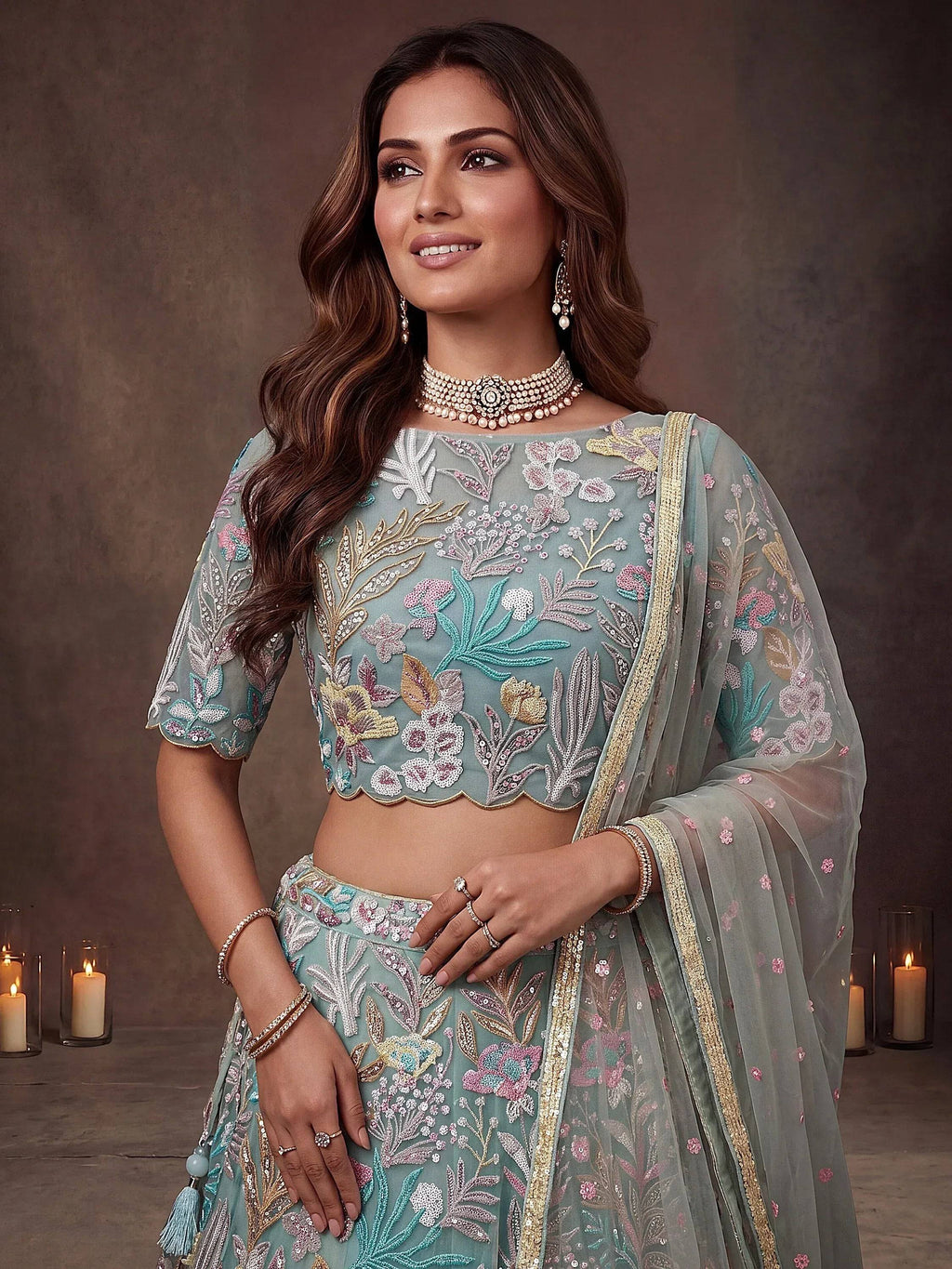 Tulsi Art Sparkling Pista Green Embroidered Net Marriage Wear Lehenga Choli | Grocsy
