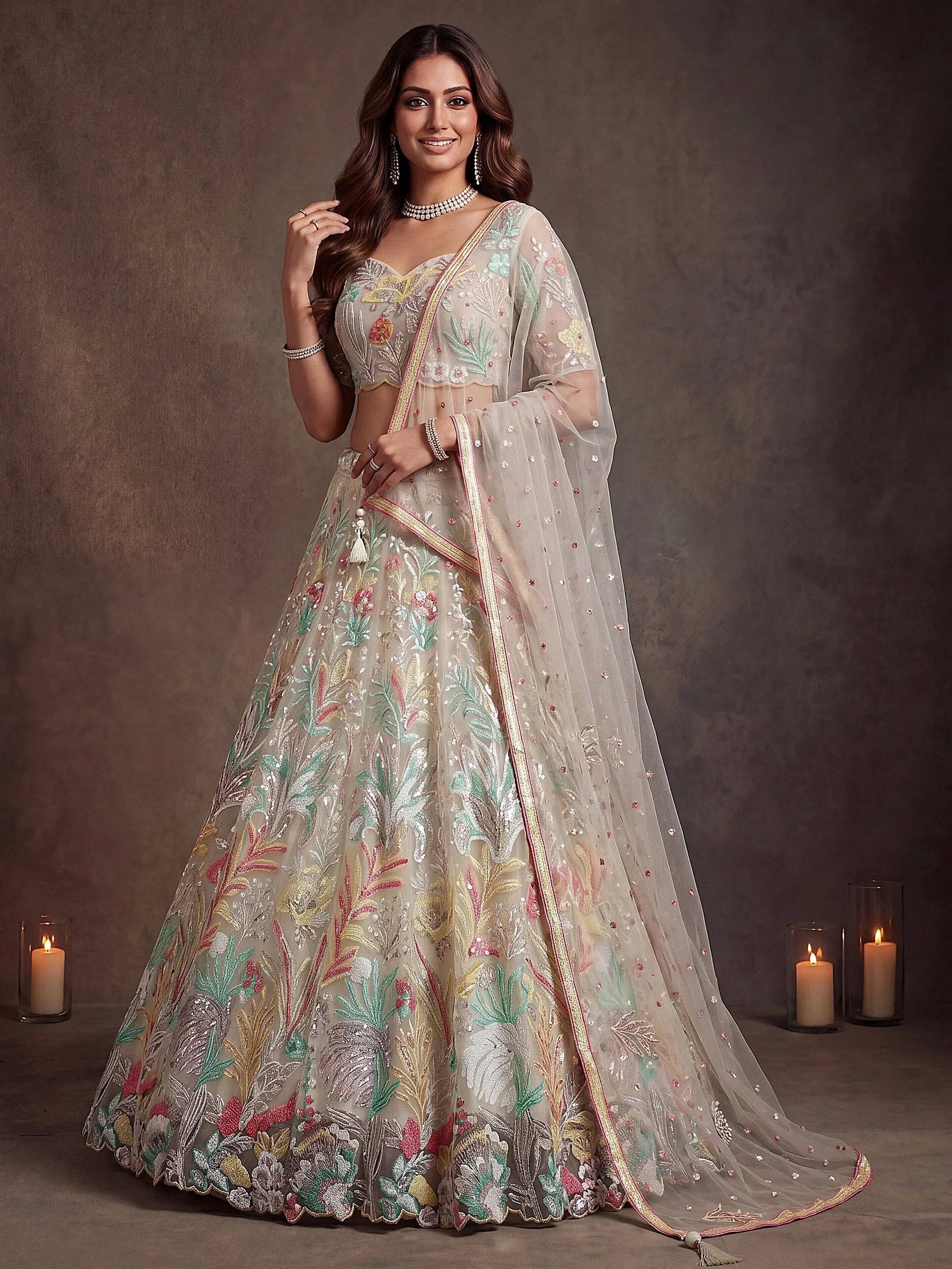 Tulsi Art Majestic Off-White Sequins Net Party Wear Lehenga Choli | Grocsy