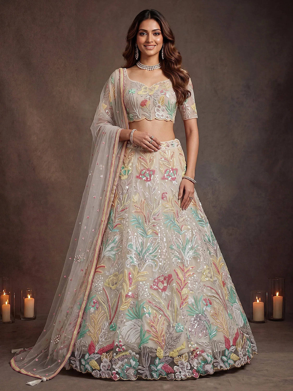 Tulsi Art Majestic Off-White Sequins Net Party Wear Lehenga Choli | Grocsy